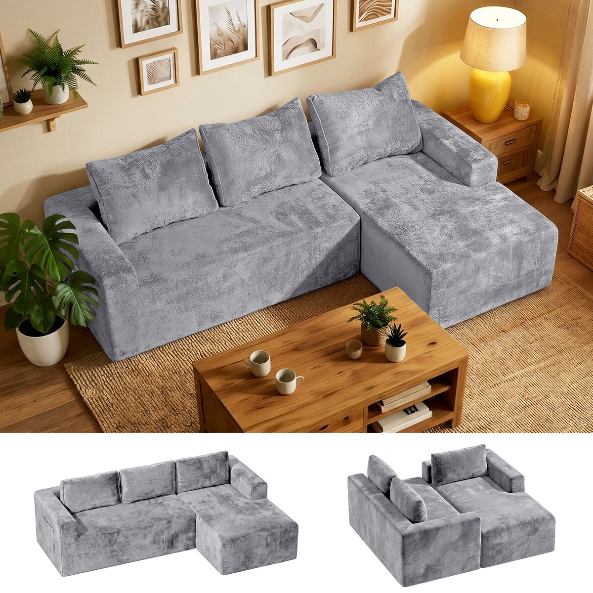 COFUNOK Boneless Couches for Living Room, 94" L-Shaped Sectional Sofa, Corduroy, Right Chaise, Gray