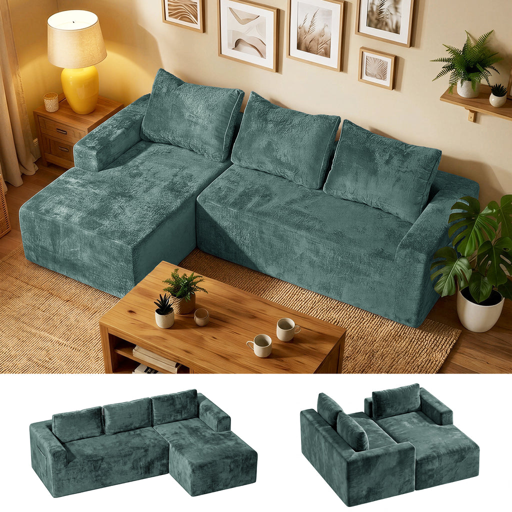 COFUNOK Boneless Couches for Living Room, 94" L-Shaped Sectional Sofa, Corduroy, Left Chaise, Green