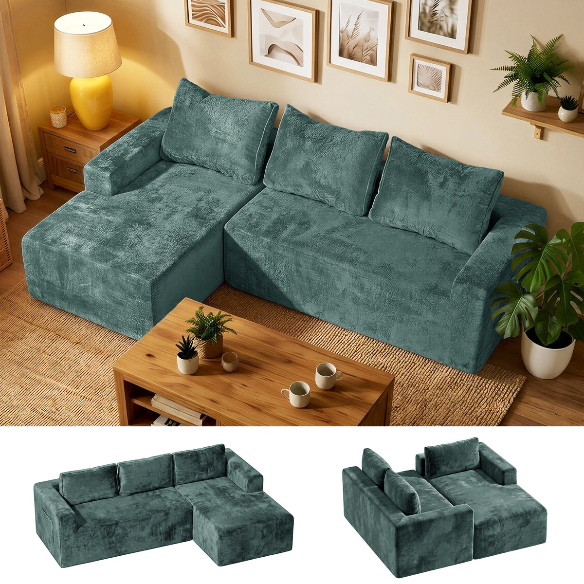 COFUNOK Boneless Couches for Living Room, 94" L-Shaped Sectional Sofa, Corduroy, Left Chaise, Green