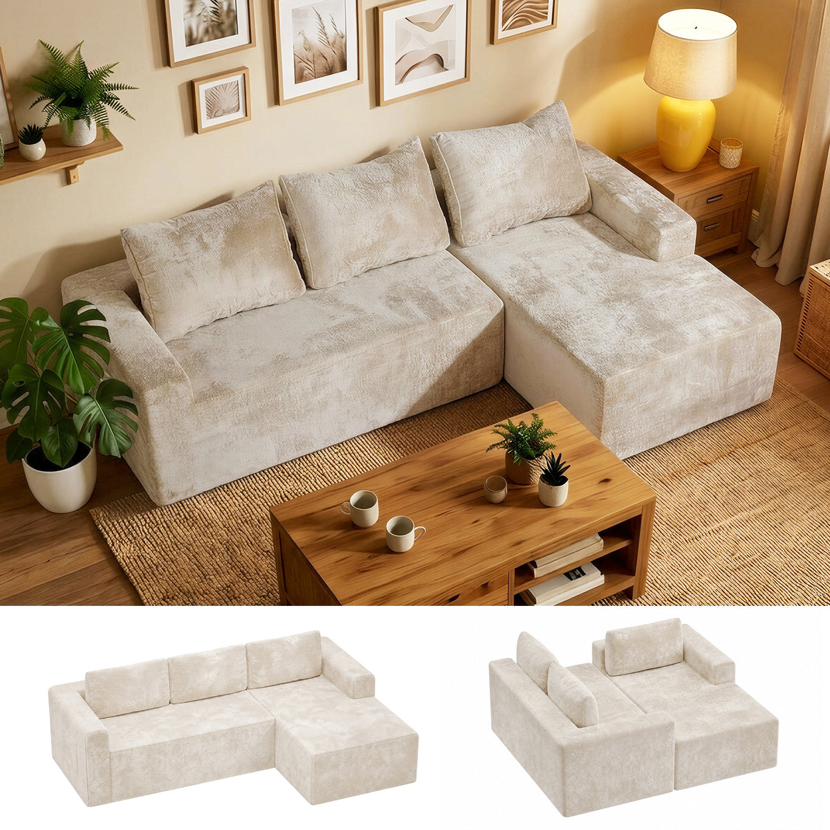 Modular Sectional Sofa Couches L-Shape Couch 3 Seat Modular Sofa Memory Foam Sectional Couches for Living Room, Cloud Couch with Oversized Chaise(Right Facing Chaise, Camel)