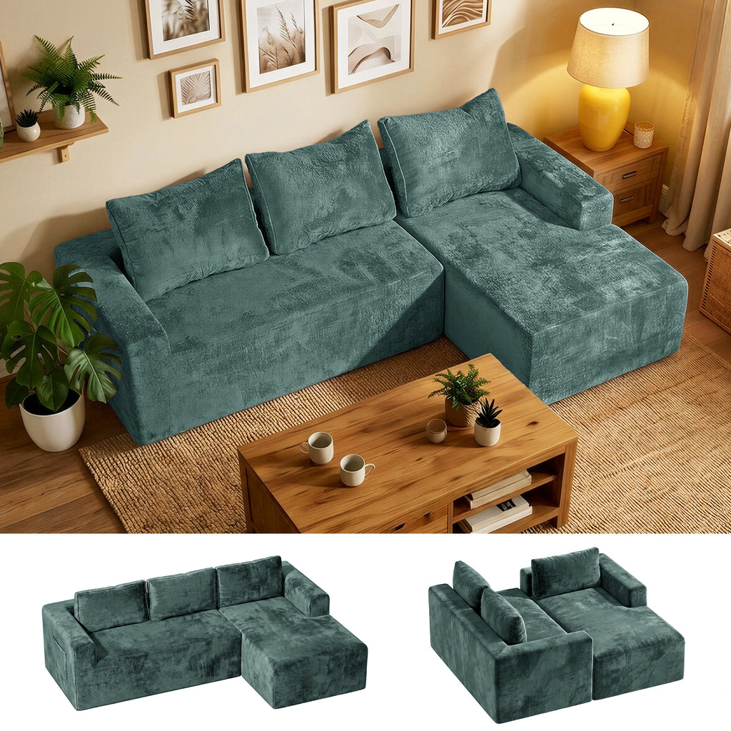 COFUNOK Boneless Couches for Living Room, 94" L-Shaped Sectional Sofa, Corduroy, Right Chaise, Green