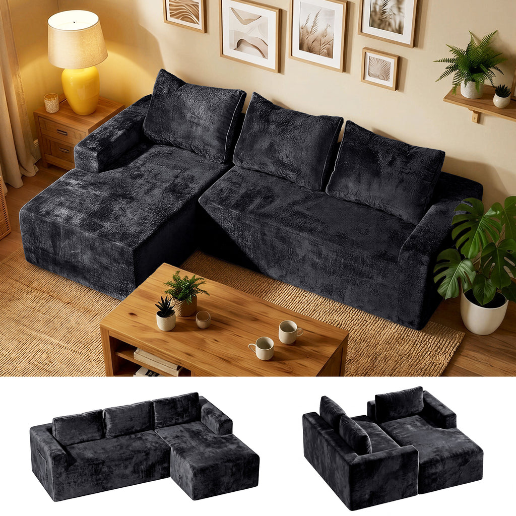 COFUNOK Boneless Couches for Living Room, 94" L-Shaped Sectional Sofa, Corduroy, Left Chaise, Black