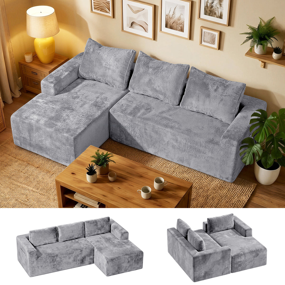 Modular Sectional Sofa Couches L-Shape Couch 3 Seat Modular Sofa Memory Foam Sectional Couches for Living Room, Cloud Couch with Oversized Chaise(Left Facing Chaise, Gray)