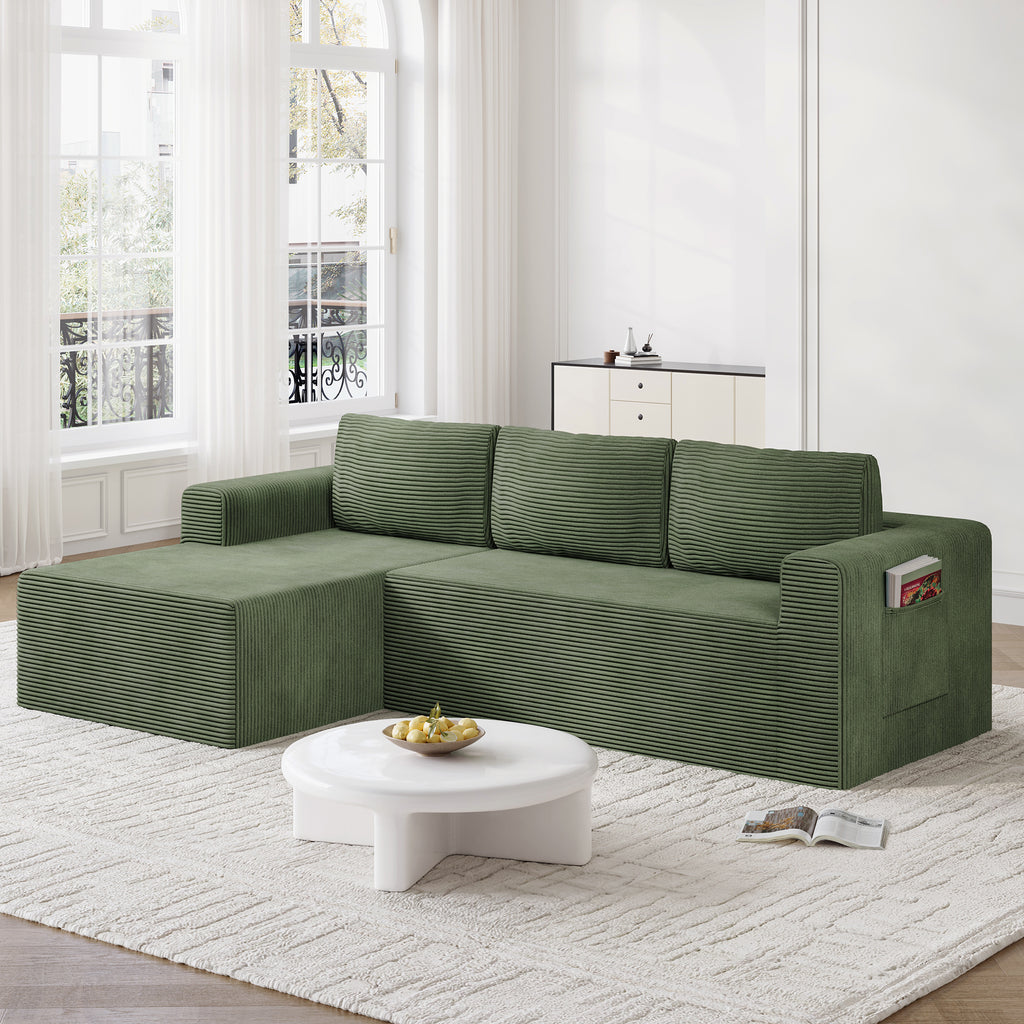 Boneless Sectional Sofa Couches for Living Room, Corduroy, L-Shaped, 94.5" Left Facing Chaise, Green