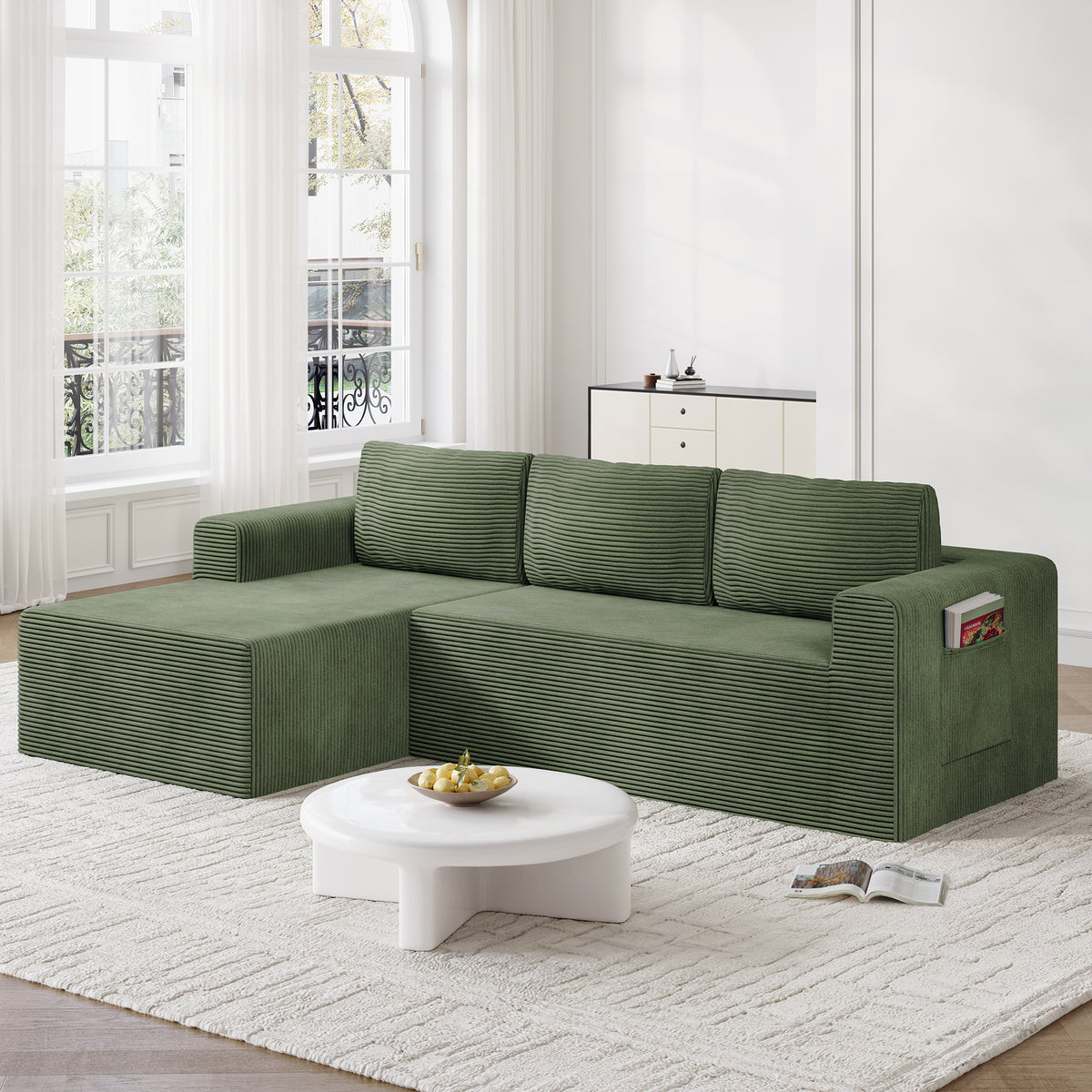 Boneless Sectional Sofa Couches for Living Room, Corduroy, L-Shaped, 94.5" Left Facing Chaise, Green