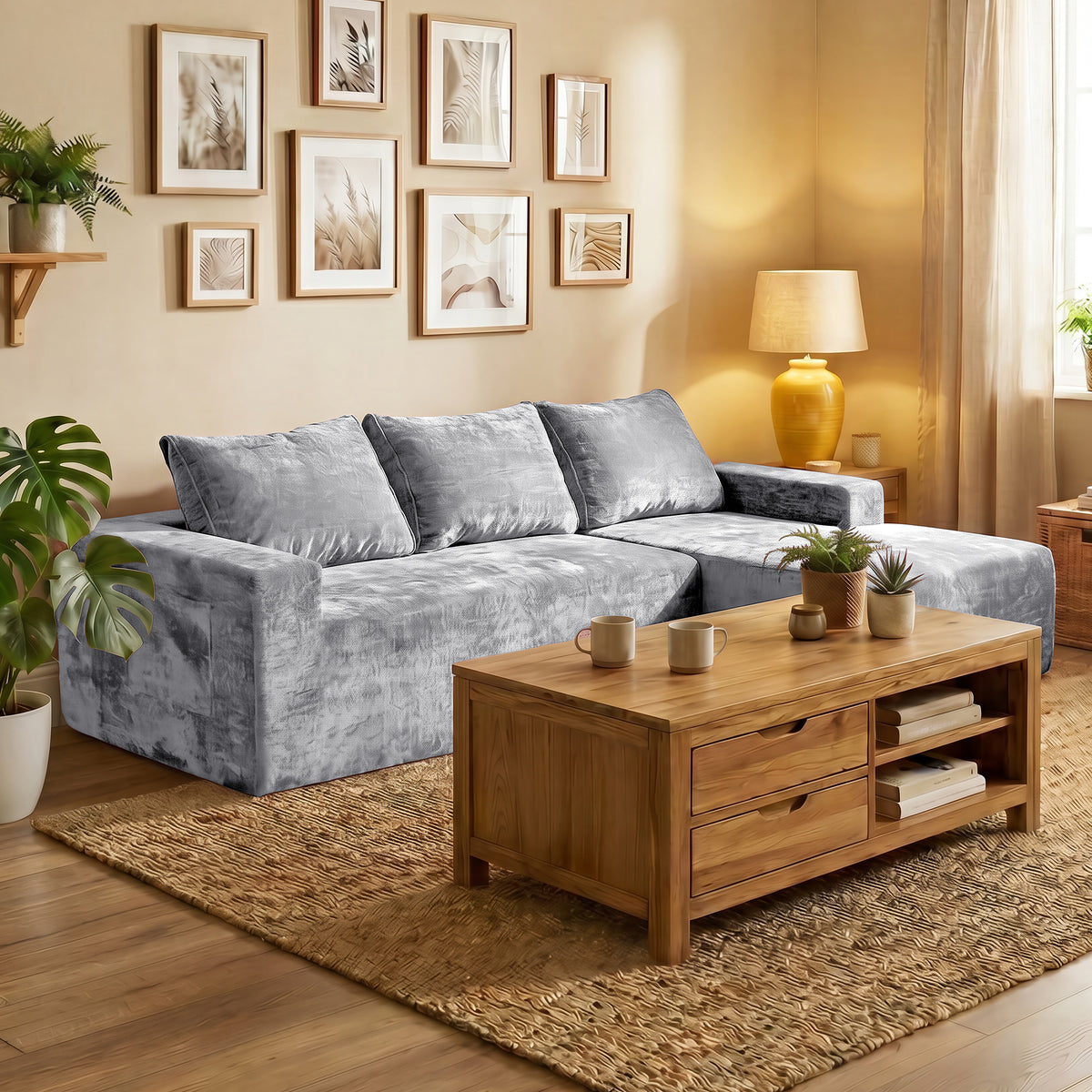 COFUNOK Boneless Couches for Living Room, 94" L-Shaped Sectional Sofa, Corduroy, Right Chaise, Gray