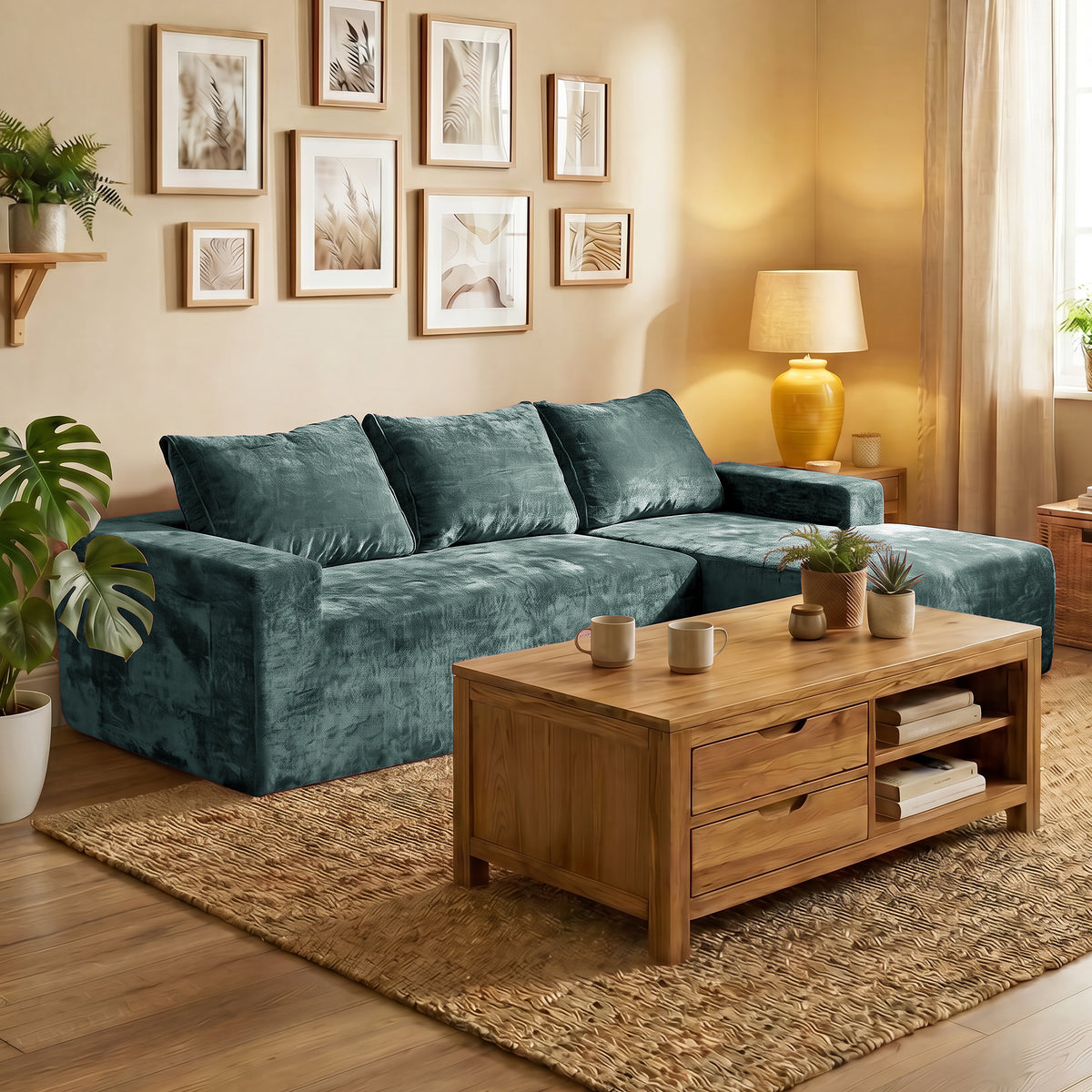 COFUNOK Boneless Couches for Living Room, 94" L-Shaped Sectional Sofa, Corduroy, Right Chaise, Green