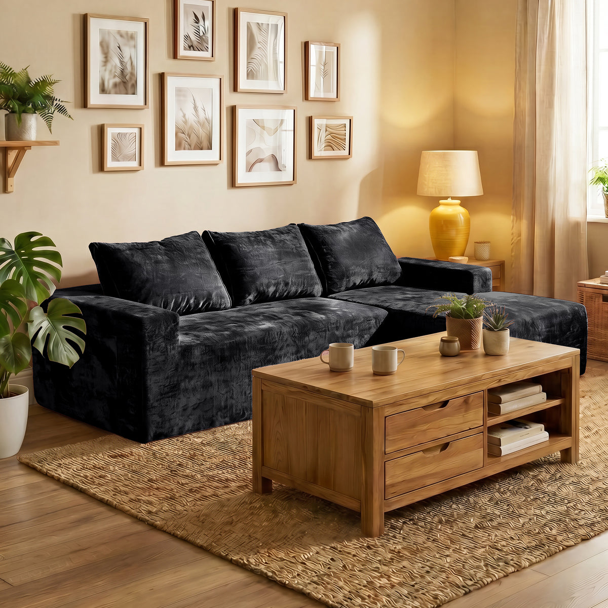 COFUNOK Boneless Couches for Living Room, 94" L-Shaped Sectional Sofa, Corduroy, Left Chaise, Black