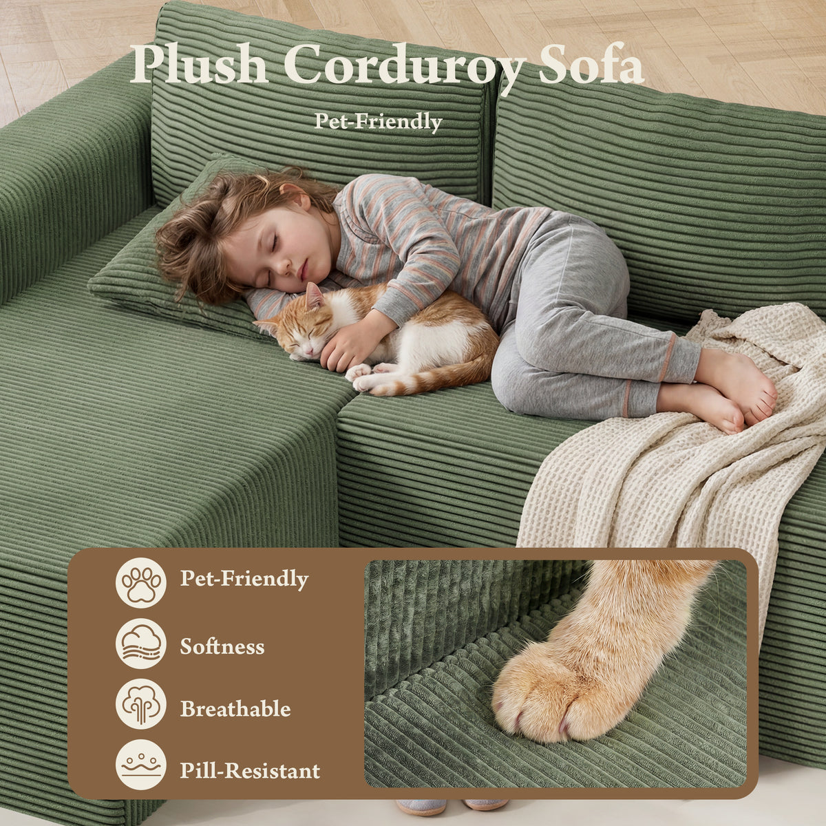 Boneless Sectional Sofa Couches for Living Room, Corduroy, L-Shaped, 94.5" Left Facing Chaise, Green
