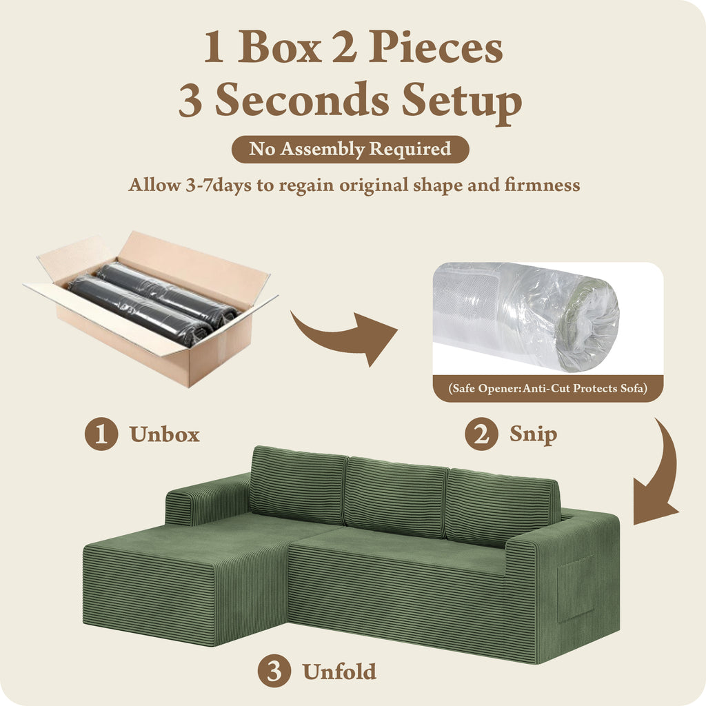 Boneless Sectional Sofa Couches for Living Room, Corduroy, L-Shaped, 94.5" Left Facing Chaise, Green