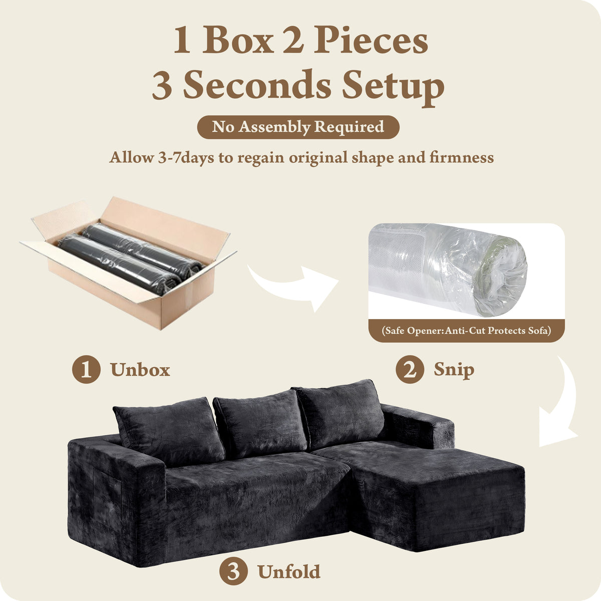 Boneless Couches for Living Room, L-Shape Sectional Sofa in a Box, Right Facing Chaise, Black