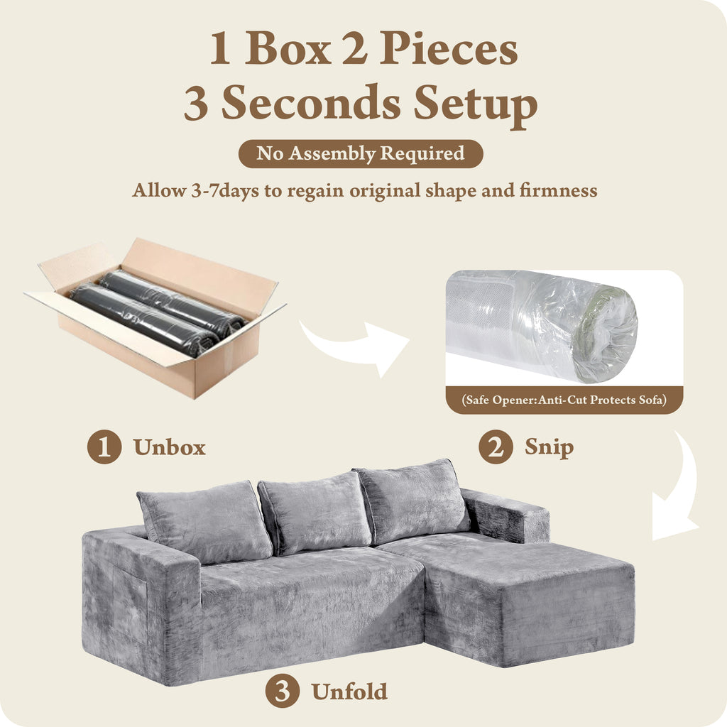 COFUNOK Boneless Couches for Living Room, 94" L-Shaped Sectional Sofa, Corduroy, Right Chaise, Gray