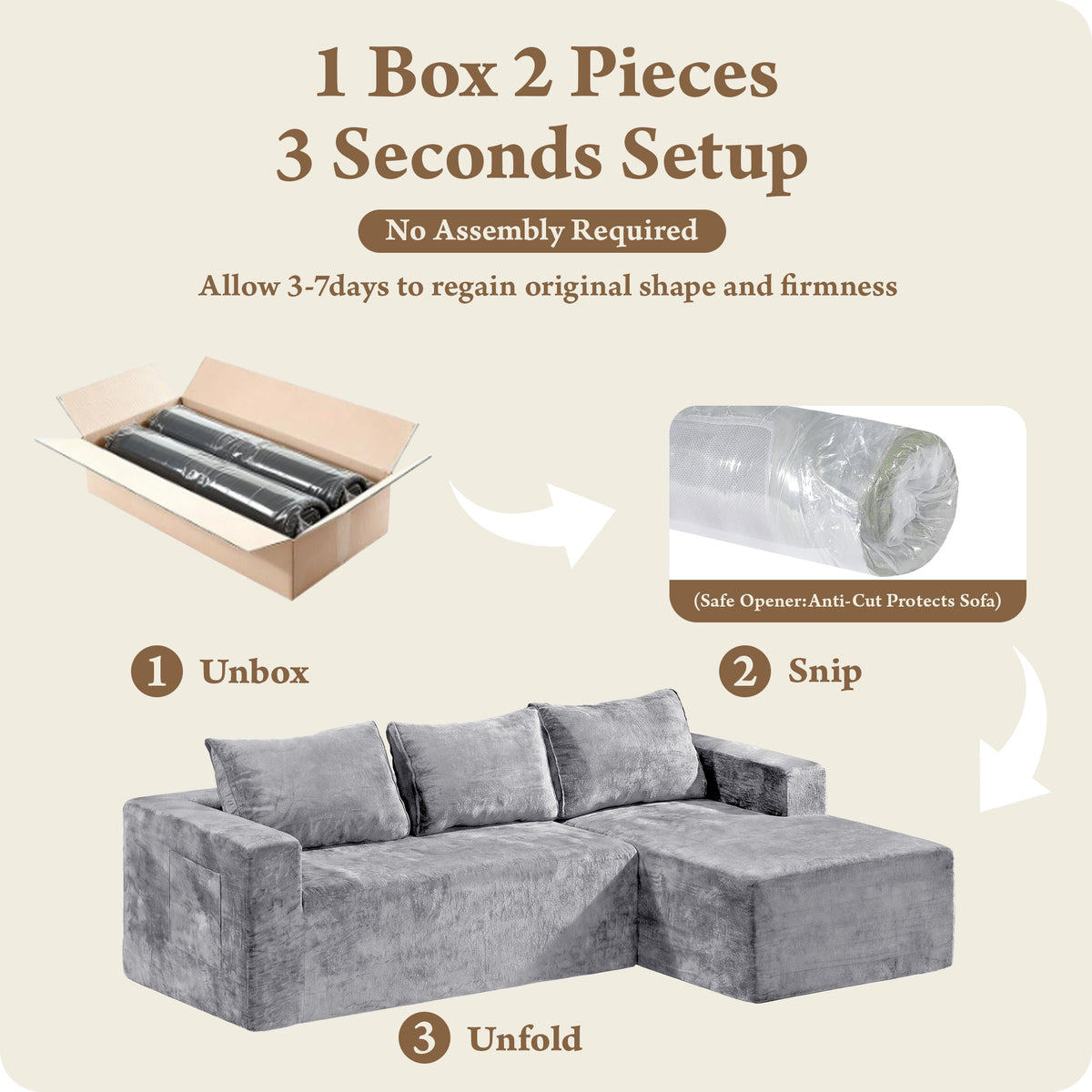 Modular Sectional Sofa Couches L-Shape Couch 3 Seat Modular Sofa Memory Foam Sectional Couches for Living Room, Cloud Couch with Oversized Chaise(Left Facing Chaise, Gray)