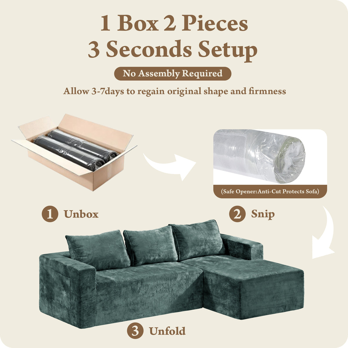 COFUNOK Boneless Couches for Living Room, 94" L-Shaped Sectional Sofa, Corduroy, Left Chaise, Green