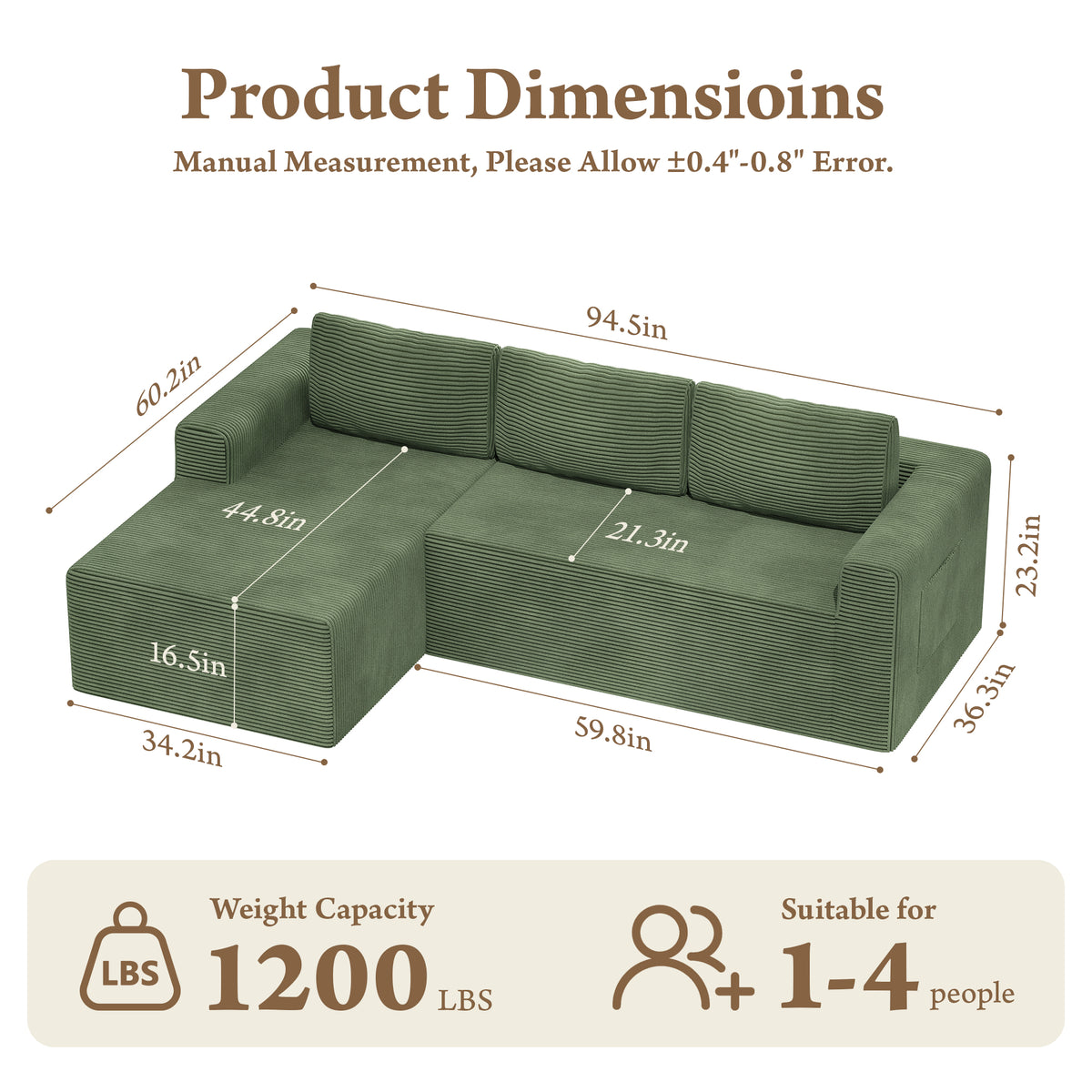 Boneless Sectional Sofa Couches for Living Room, Corduroy, L-Shaped, 94.5" Left Facing Chaise, Green