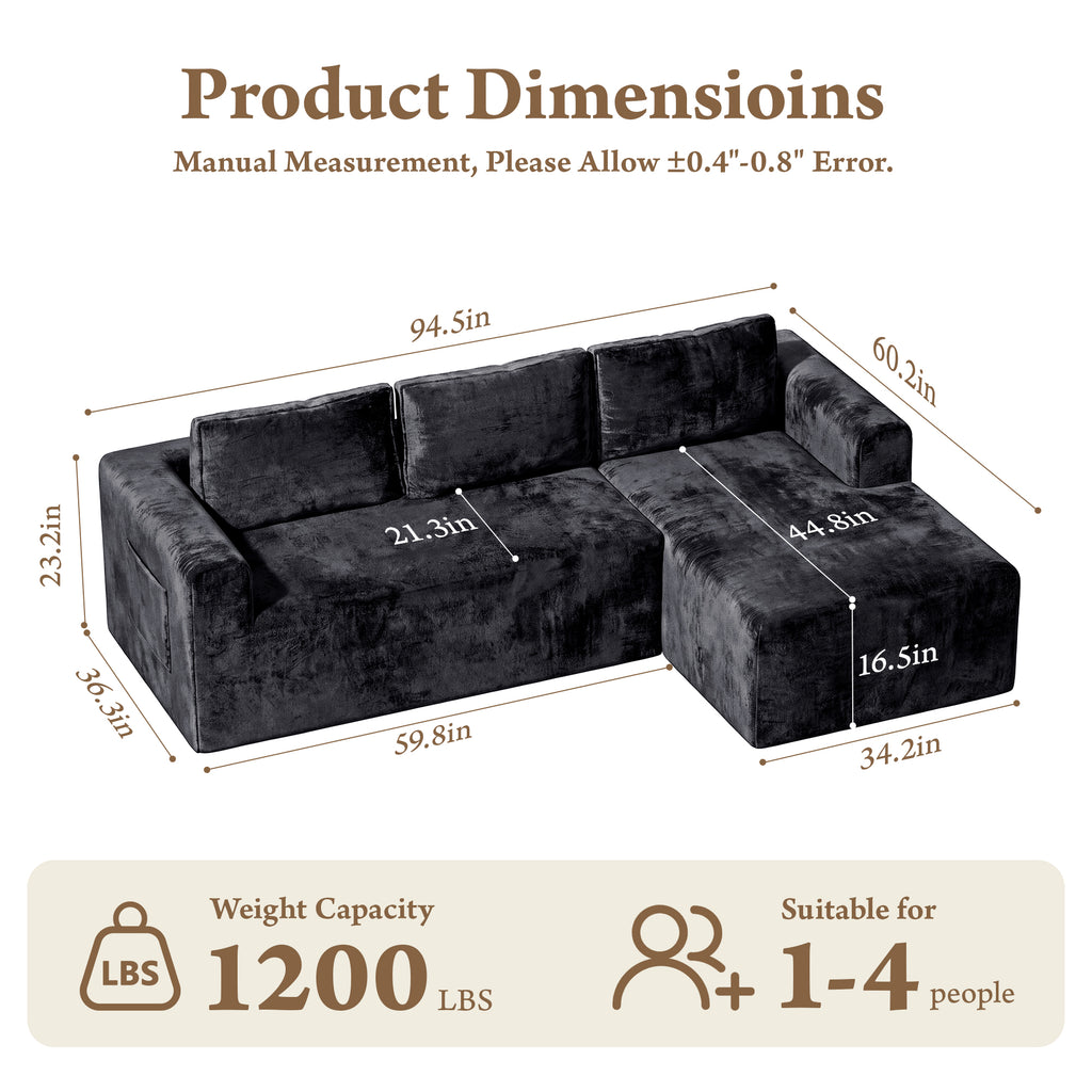Boneless Couches for Living Room, L-Shape Sectional Sofa in a Box, Right Facing Chaise, Black