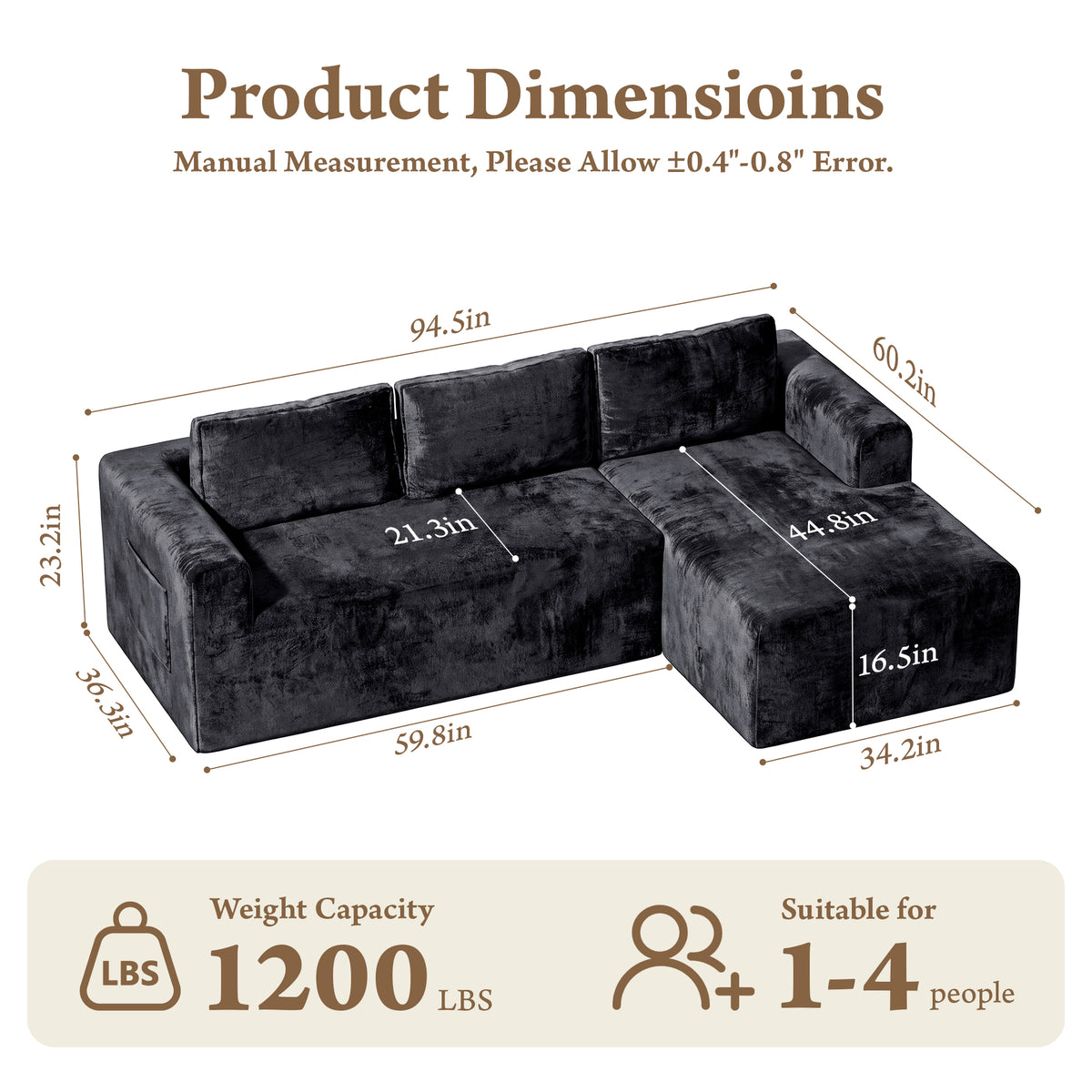 Boneless Couches for Living Room, L-Shape Sectional Sofa in a Box, Right Facing Chaise, Black