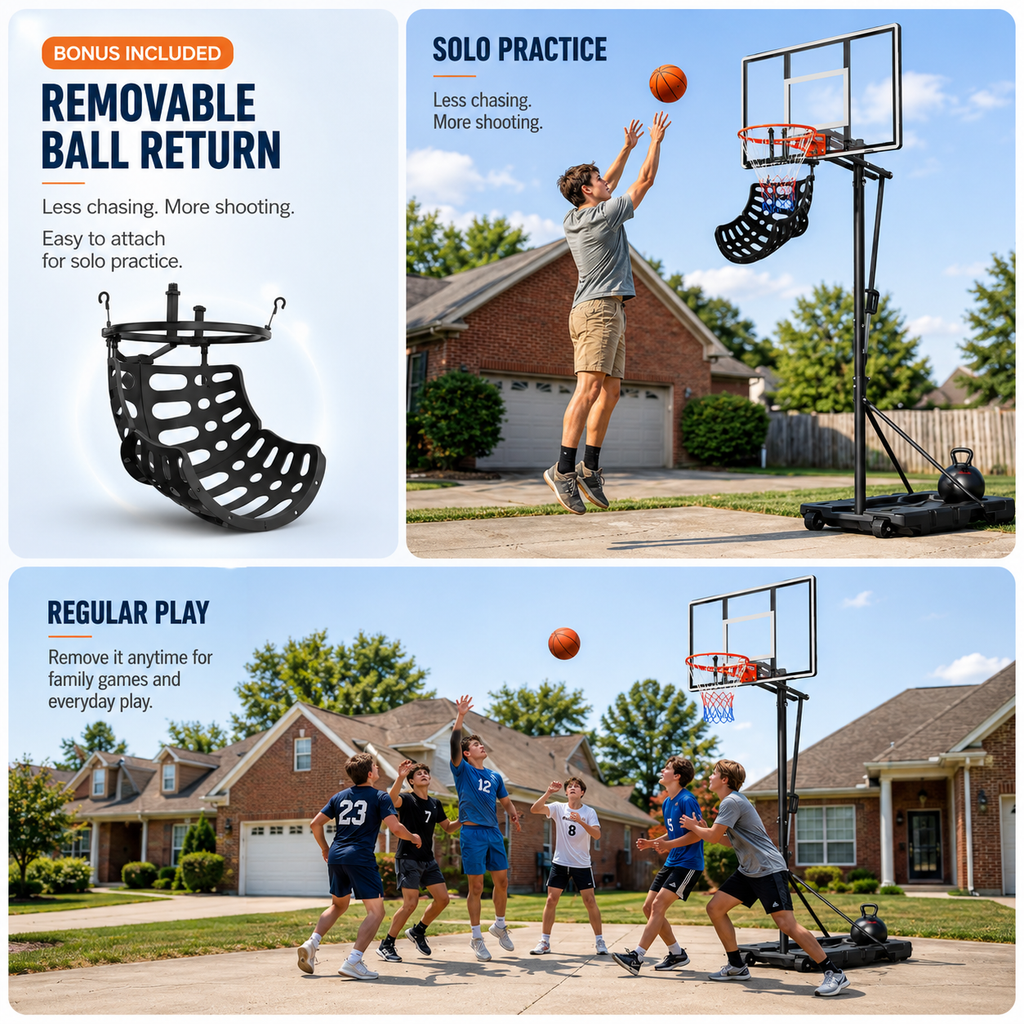 COFUNOK 44-inch Portable Basketball Hoop, 5.58-10 ft Adjustable Height, Shatterproof Backboard, Outdoor Basketball Goal with Wheels & Removable Ball Return for Kids & Adults