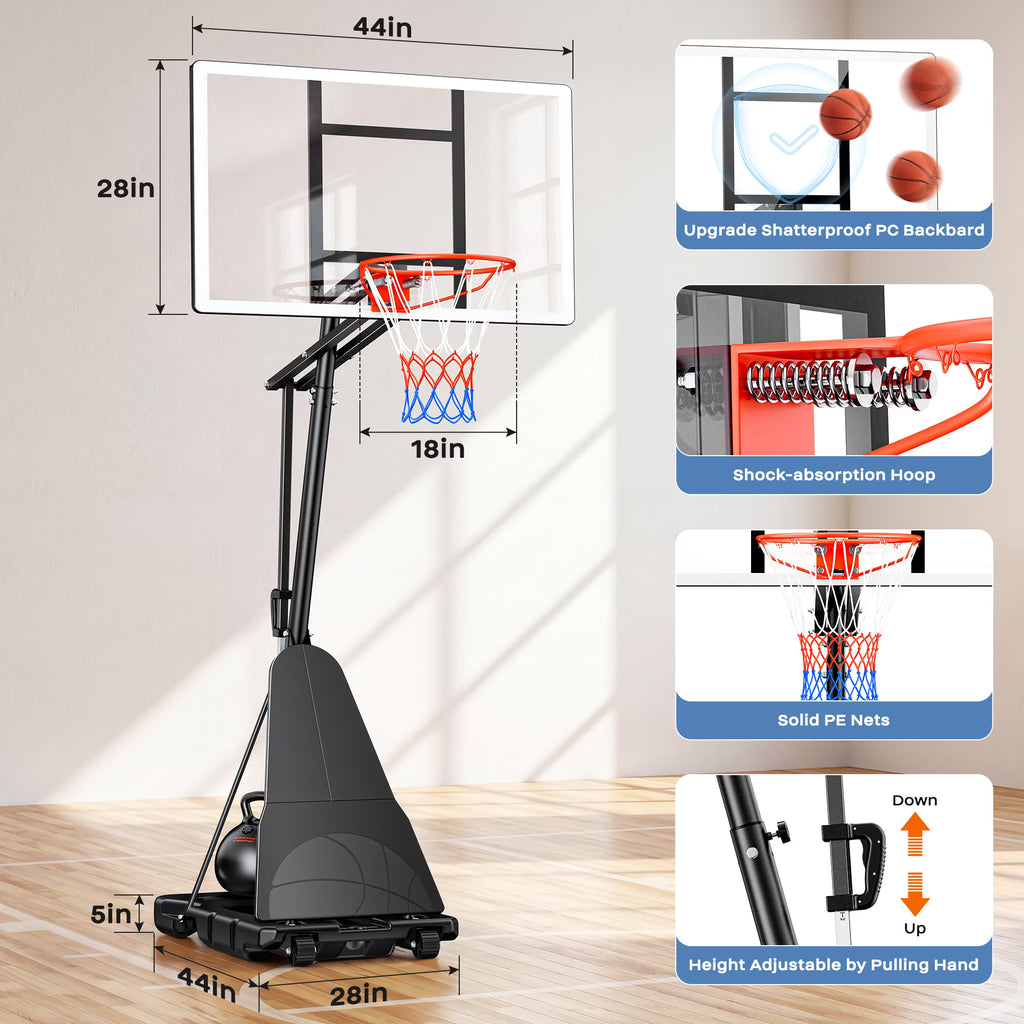 44" Basketball Hoop, Quick-Adjust 5.58–10FT Portable Basketball Goal with Shatterproof PC Backboard, Heavy Duty Base, Outdoor Basketball System for Kids & Adults COFUNOK