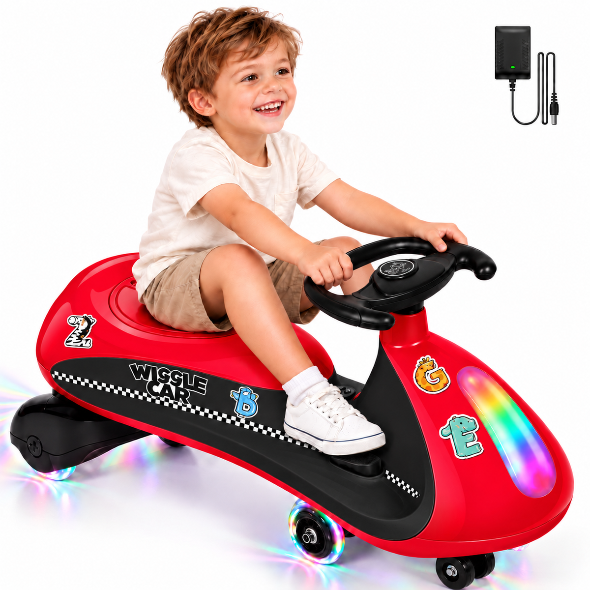 COFUNOK 12V Electric Wiggle Car for Kids Ages 3+, 2-in-1 Swing Ride-on Toy, Dual Motors, 2 Speeds up to 4 mph, LED Lights, Bluetooth, 150 lbs, Red
