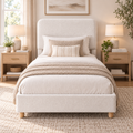 COFUNOK Twin Boucle Bed Frame with Adjustable Headboard, Upholstered Platform Bed, Wood Legs, No Box Spring Needed, Cream