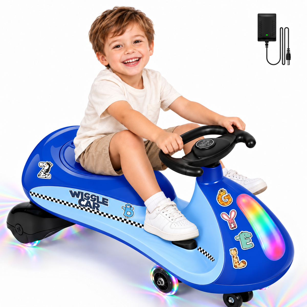 COFUNOK 12V Electric Wiggle Car for Kids Ages 3+, 2-in-1 Swing Ride-on Toy, Dual Motors, 2 Speeds up to 4 mph, LED Lights, Bluetooth, 150 lbs, Blue
