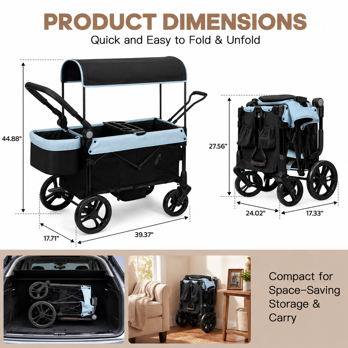 COFUNOK 2-Seater Wagon Stroller with Canopy, All-Terrain Wheels, Safety Harness, Storage Basket, Cup Holders, Portable Outdoor Wagon Stroller for Kids, Beach, Park, Picnic, Travel, Blue