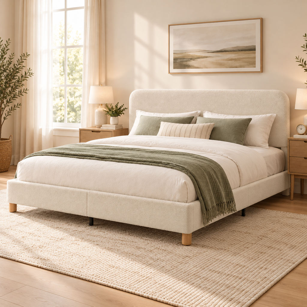 COFUNOK King Boucle Bed Frame with Adjustable Headboard, Upholstered Platform Bed, Wood Legs, No Box Spring Needed, Cream