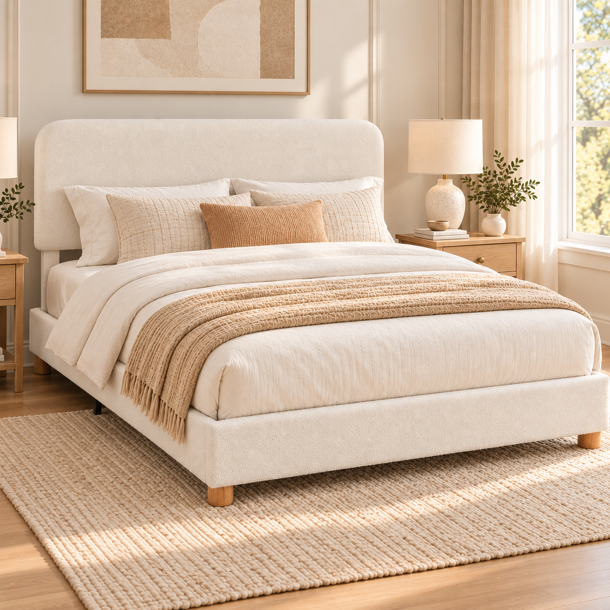 COFUNOK Queen Boucle Bed Frame with Adjustable Headboard, Upholstered Platform Bed, Wood Legs, No Box Spring Needed, Cream