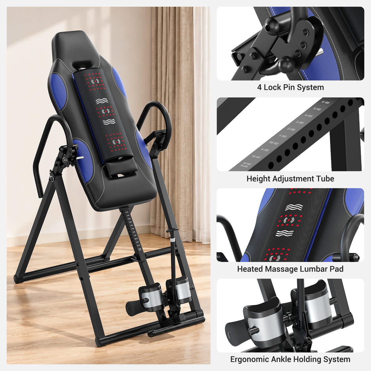 Heavy Duty Inversion Table, 300lb Capacity whit Back Heat and Massage